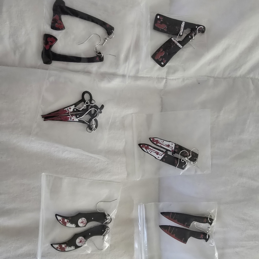 HALLOWEEN BLOODY KNIFE, AXE, AND SISSOR EARRINGS
